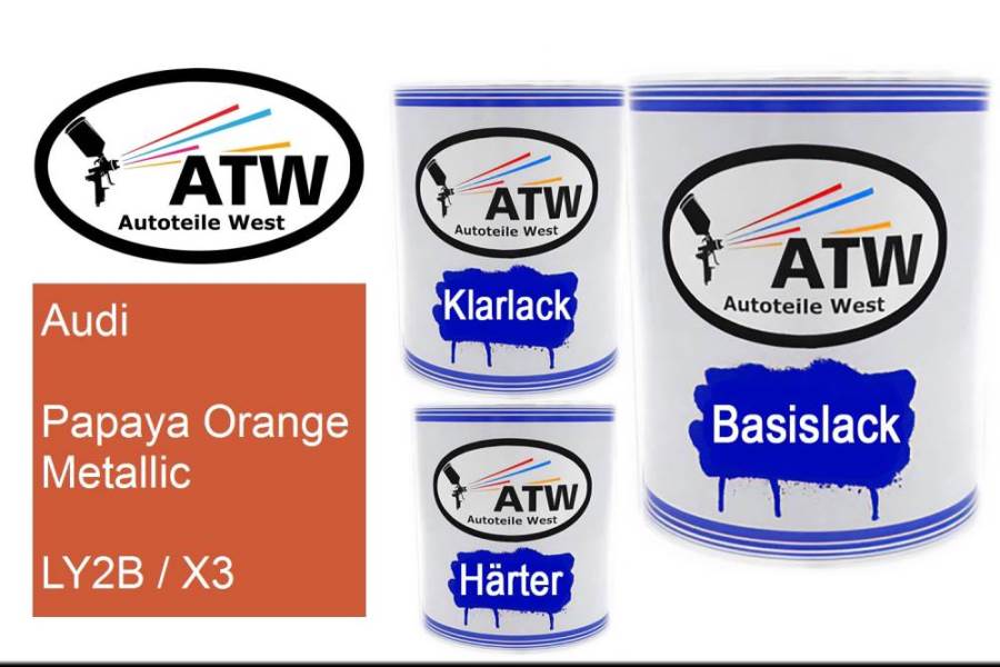 Audi, Papaya Orange Metallic, LY2B / X3: 1L Lackdose + 1L Klarlack + 500ml Härter - Set, von ATW Autoteile West.